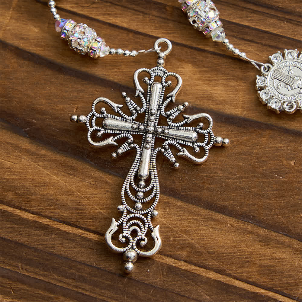 Sparkling White St. Benedict Forever Faith Rosary with Custom Name Letters