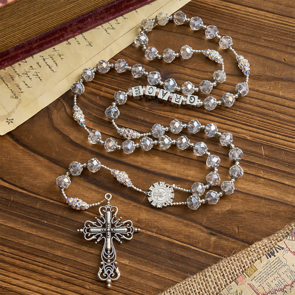 Sparkling White St. Benedict Forever Faith Rosary with Custom Name Letters