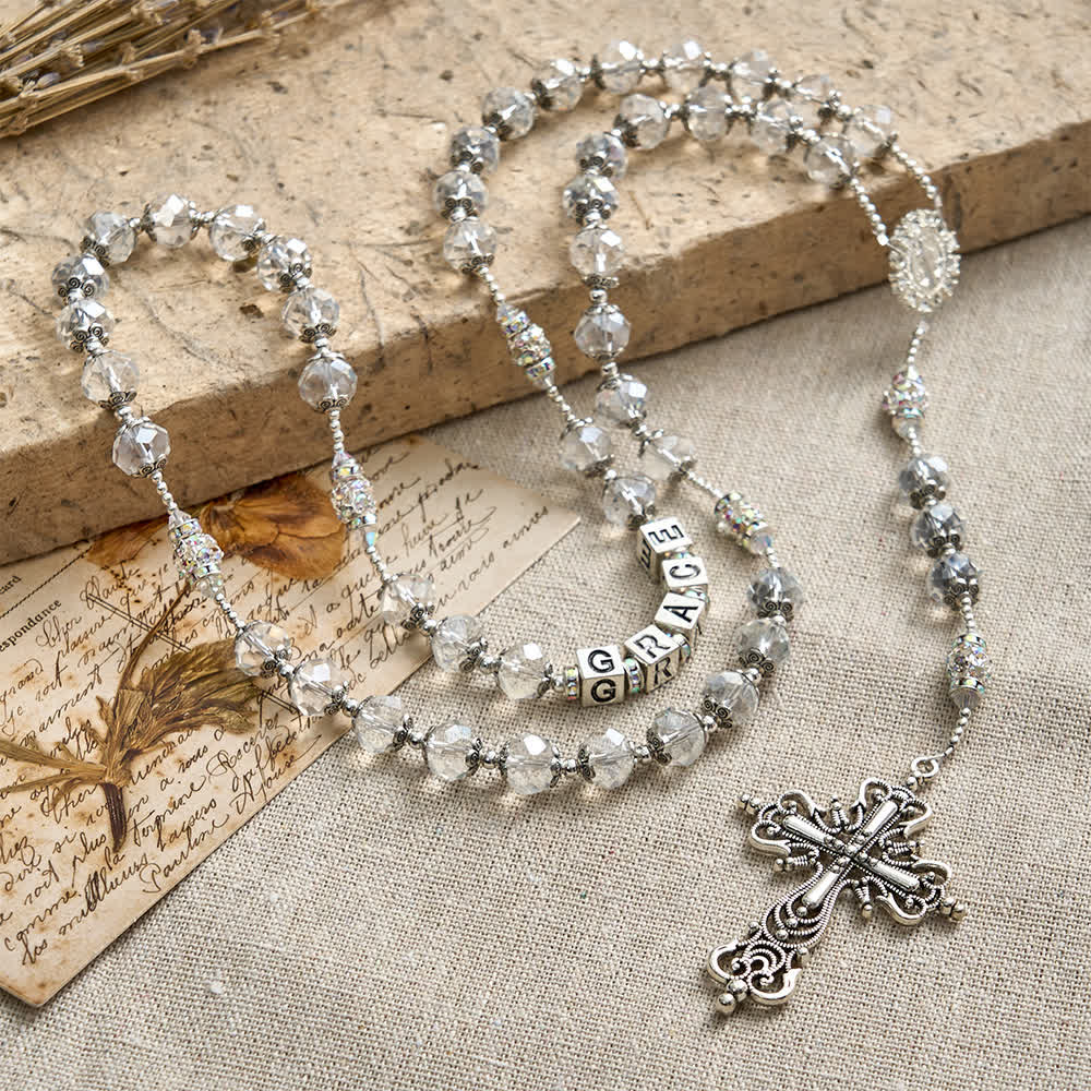 Sparkling White St. Benedict Forever Faith Rosary with Custom Name Letters