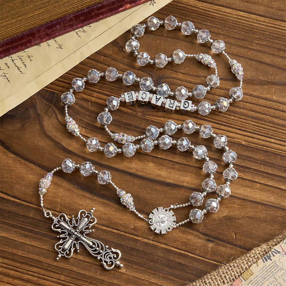 Sparkling White St. Benedict Forever Faith Rosary with Custom Name Letters