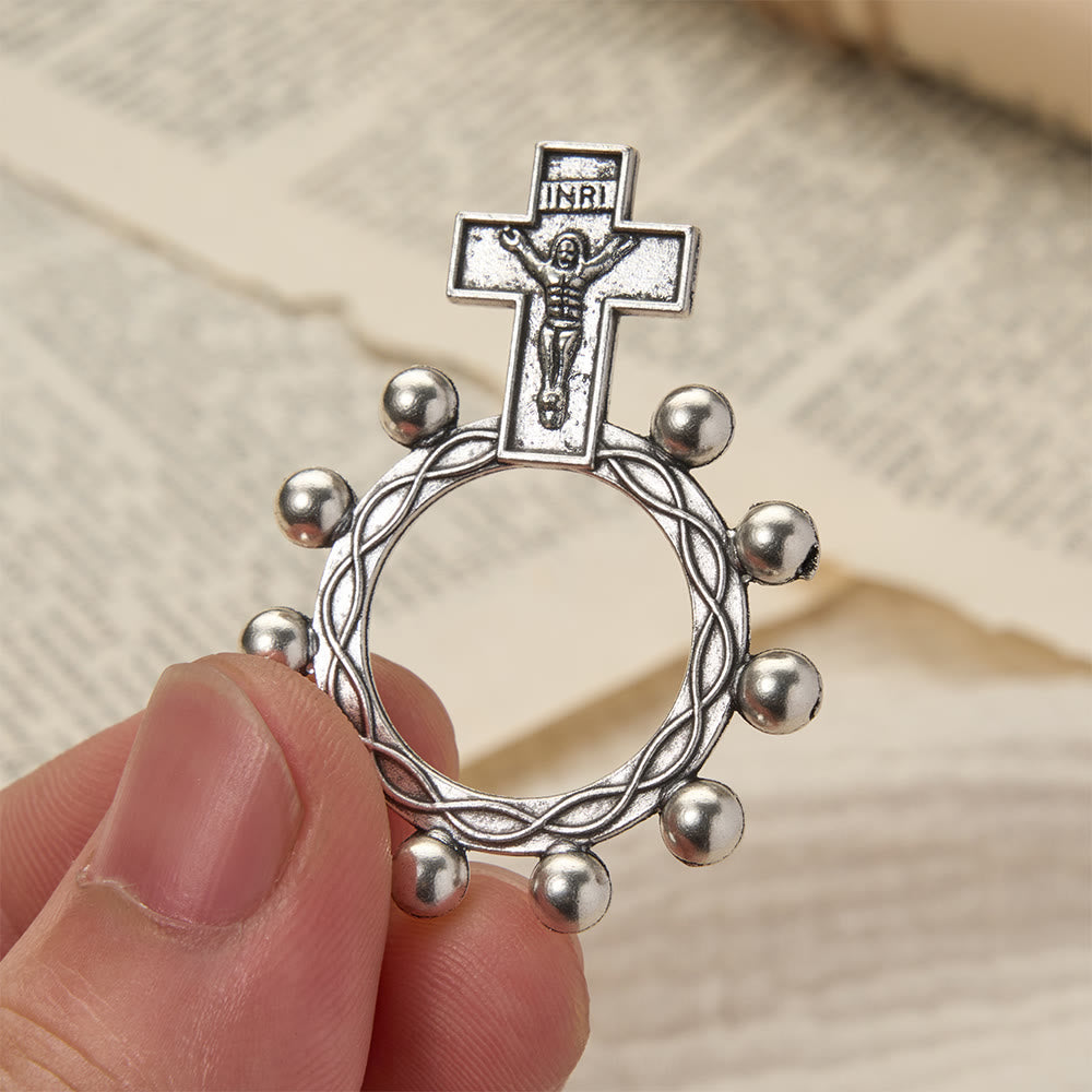 Two-Color Crucifix Finger Rosary with Embossed Jesus and Beaded Halo: A Reminder of Divine Grace