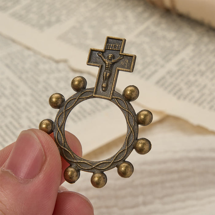Two-Color Crucifix Finger Rosary with Embossed Jesus and Beaded Halo: A Reminder of Divine Grace