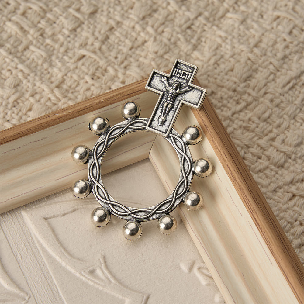 Two-Color Crucifix Finger Rosary with Embossed Jesus and Beaded Halo: A Reminder of Divine Grace