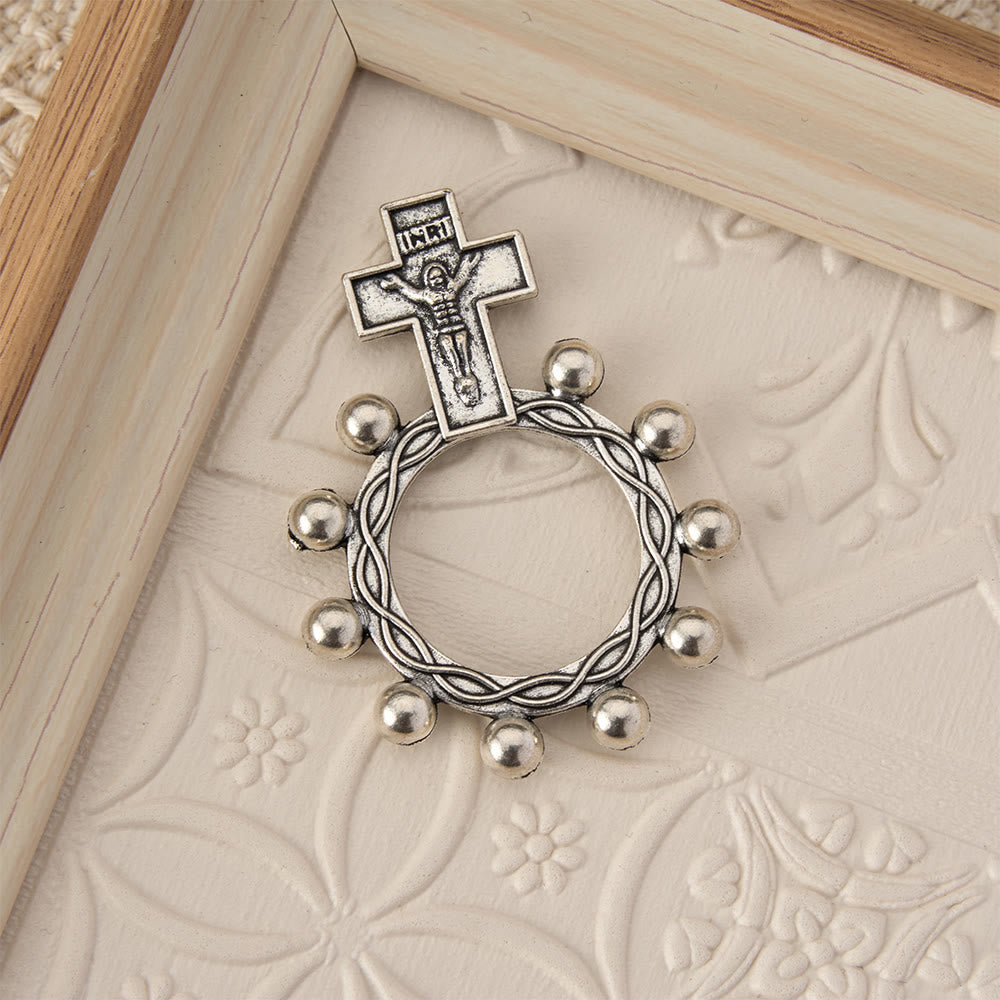 Two-Color Crucifix Finger Rosary with Embossed Jesus and Beaded Halo: A Reminder of Divine Grace