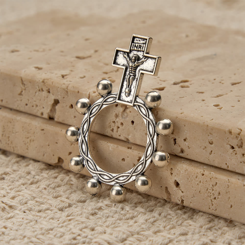 Two-Color Crucifix Finger Rosary with Embossed Jesus and Beaded Halo: A Reminder of Divine Grace