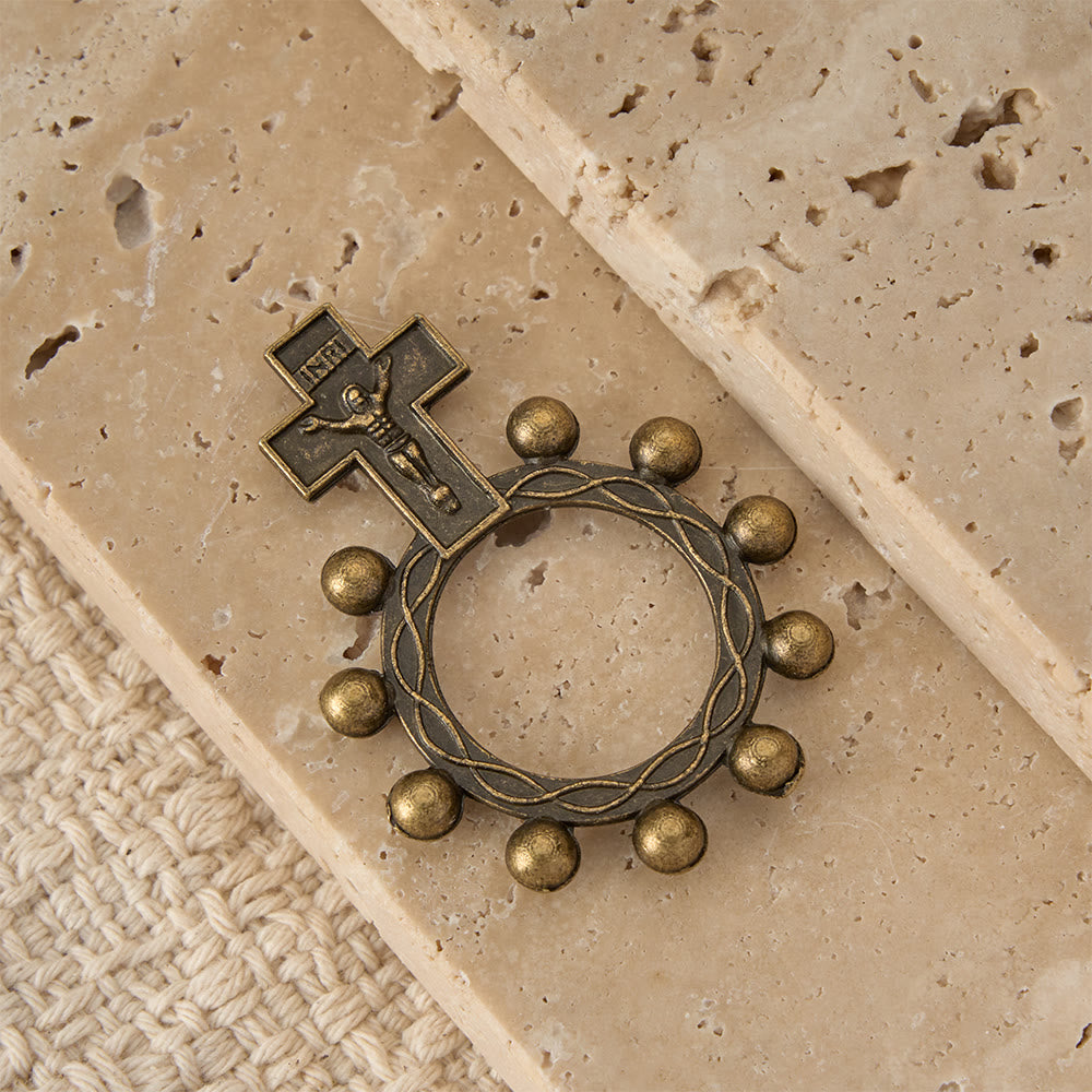 Two-Color Crucifix Finger Rosary with Embossed Jesus and Beaded Halo: A Reminder of Divine Grace