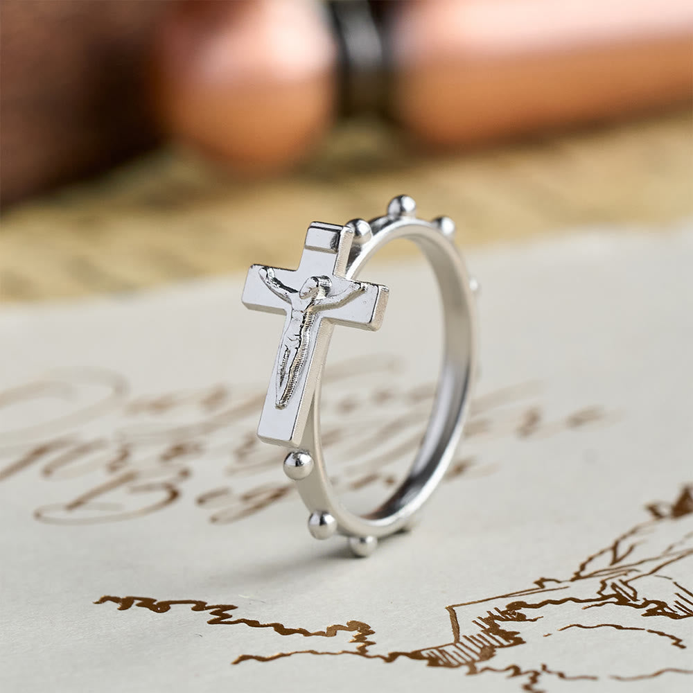 Classic Rosary Ring with Crucifix and Continuous Beaded Prayer Band: A Timeless Emblem of Devotion