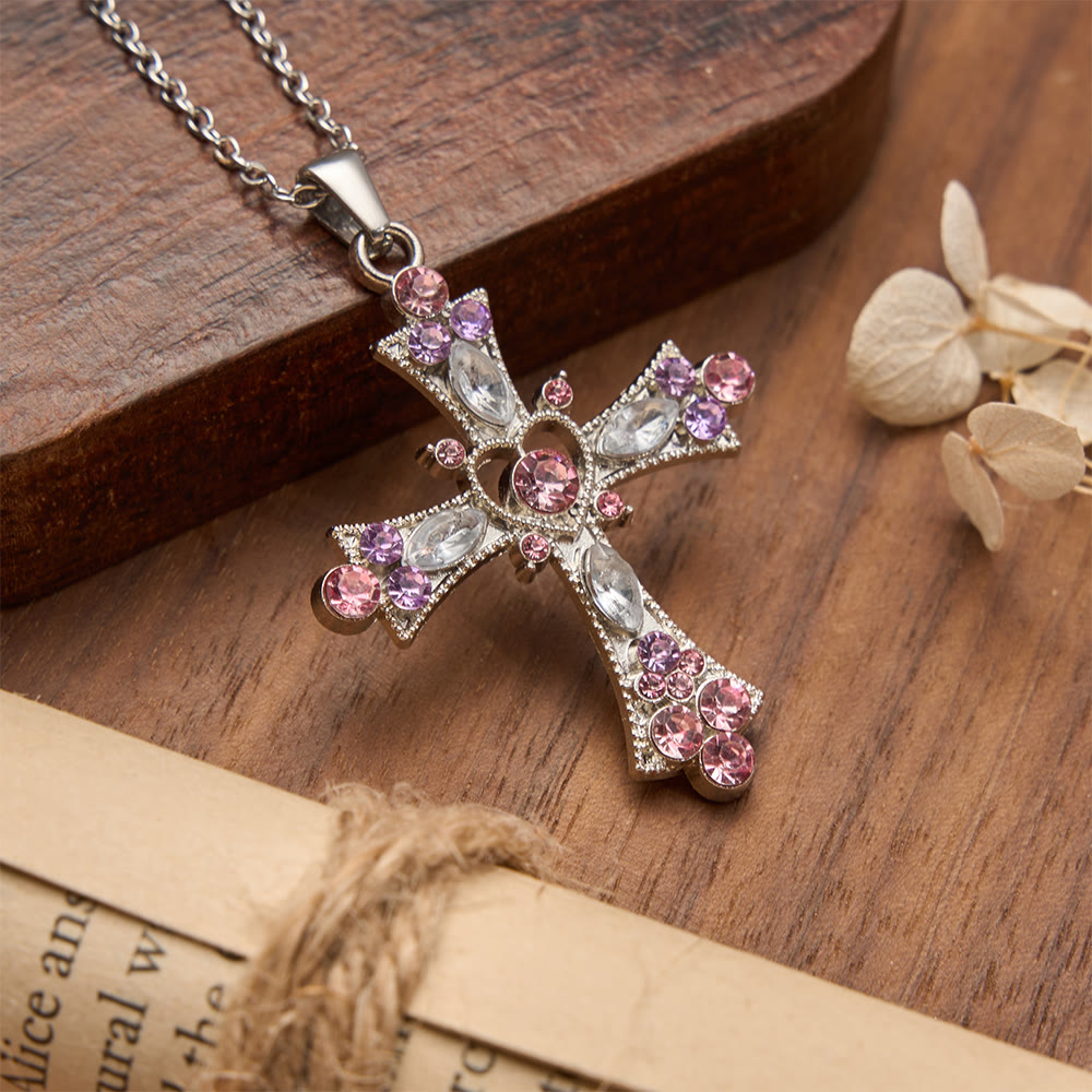 Pink & Purple Tone Zircon Cross Necklace with Heart Accent: A Dazzling Symbol of Love and Devotion