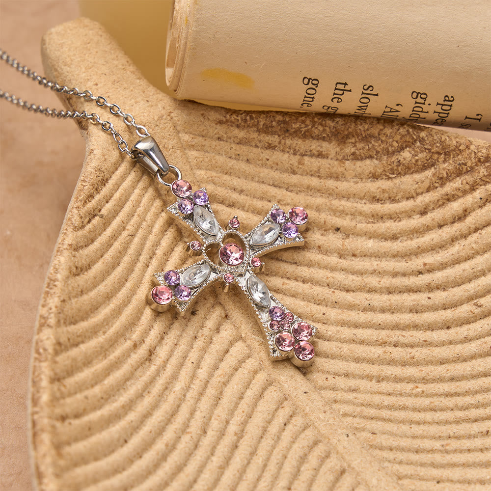 Pink & Purple Tone Zircon Cross Necklace with Heart Accent: A Dazzling Symbol of Love and Devotion