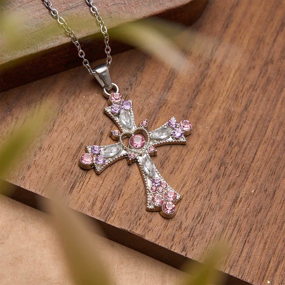 Pink & Purple Tone Zircon Cross Necklace with Heart Accent: A Dazzling Symbol of Love and Devotion