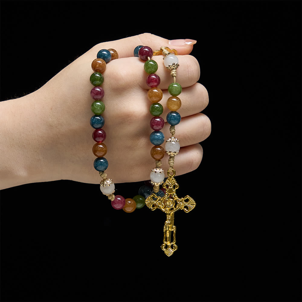 Colorful Tourmaline Beads Rosary with Square Divine Mercy and Golden Crucifix