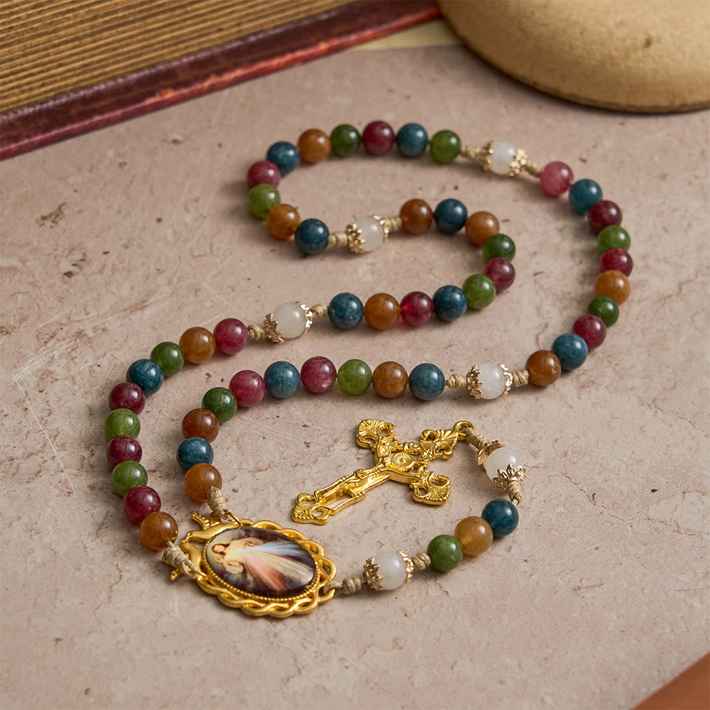 Colorful Tourmaline Beads Rosary with Square Divine Mercy and Golden Crucifix