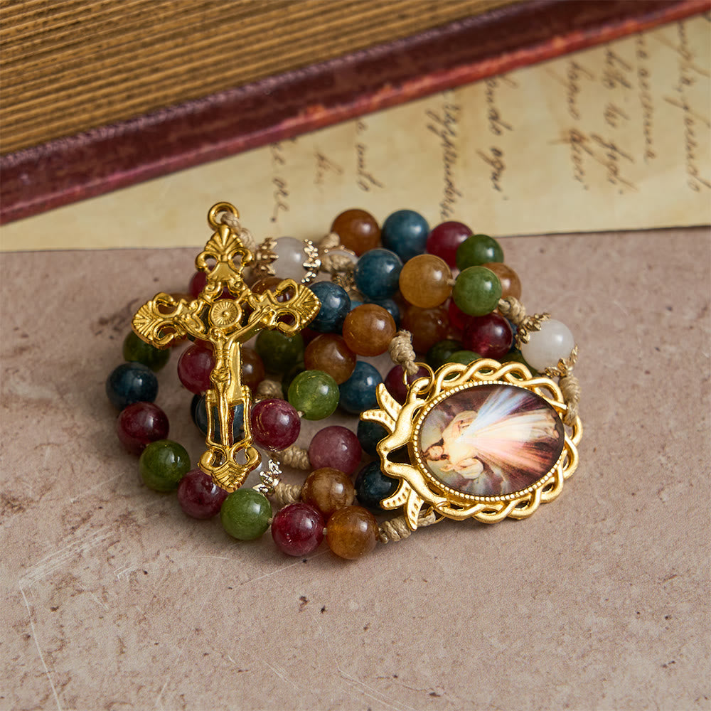 Colorful Tourmaline Beads Rosary with Square Divine Mercy and Golden Crucifix
