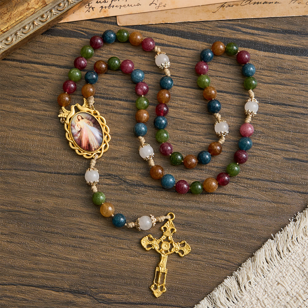 Colorful Tourmaline Beads Rosary with Square Divine Mercy and Golden Crucifix