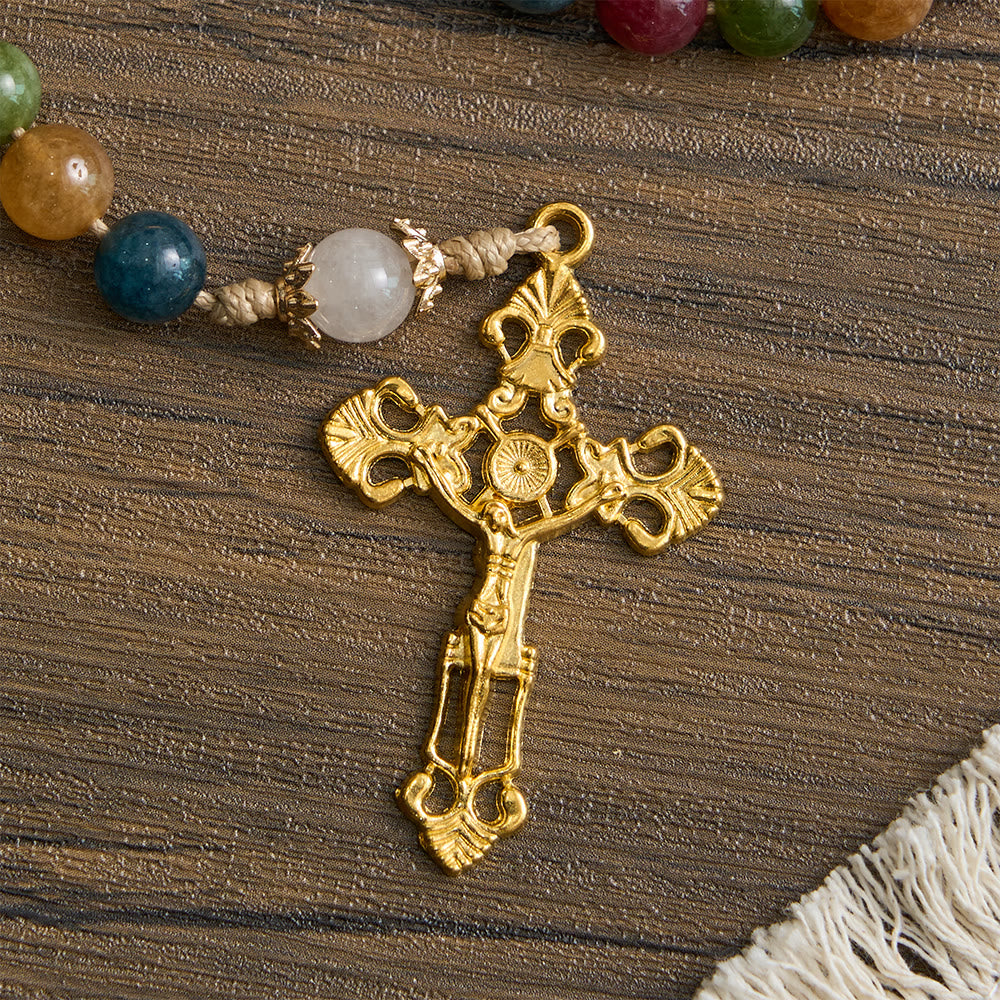 Colorful Tourmaline Beads Rosary with Square Divine Mercy and Golden Crucifix