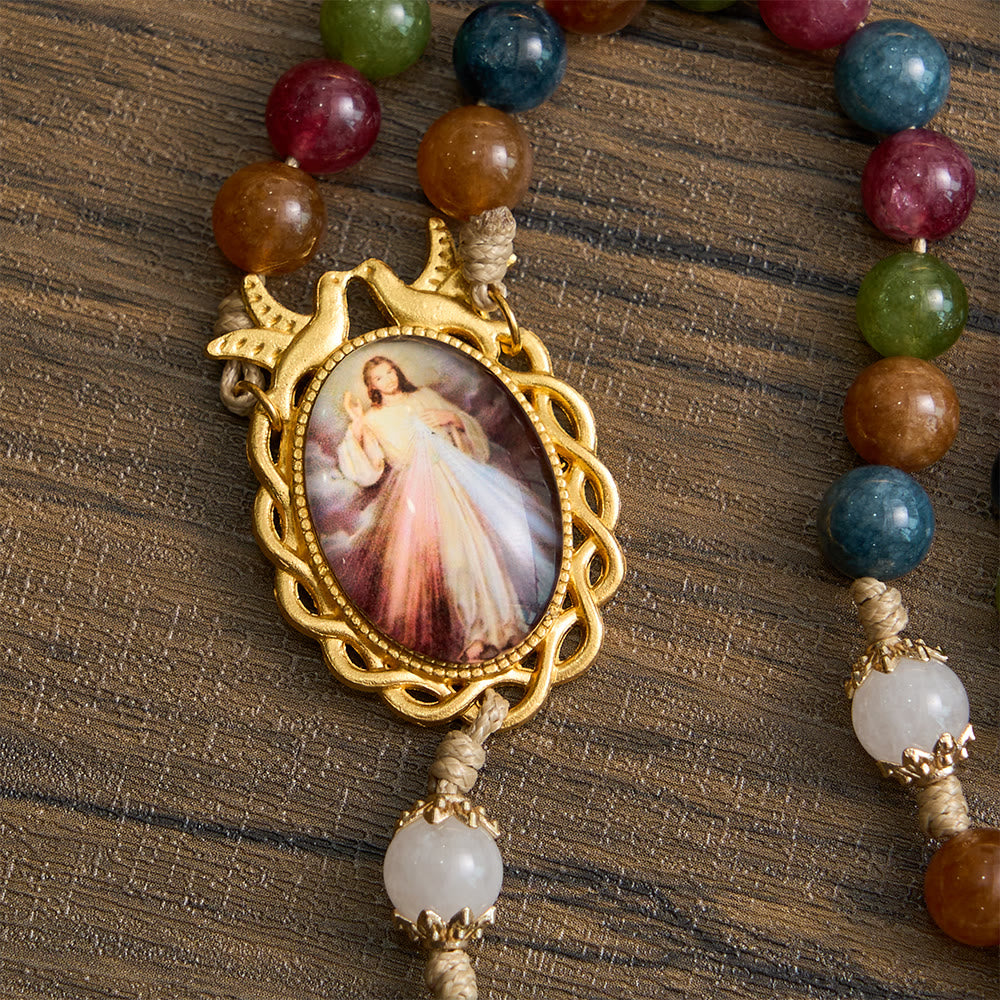Colorful Tourmaline Beads Rosary with Square Divine Mercy and Golden Crucifix