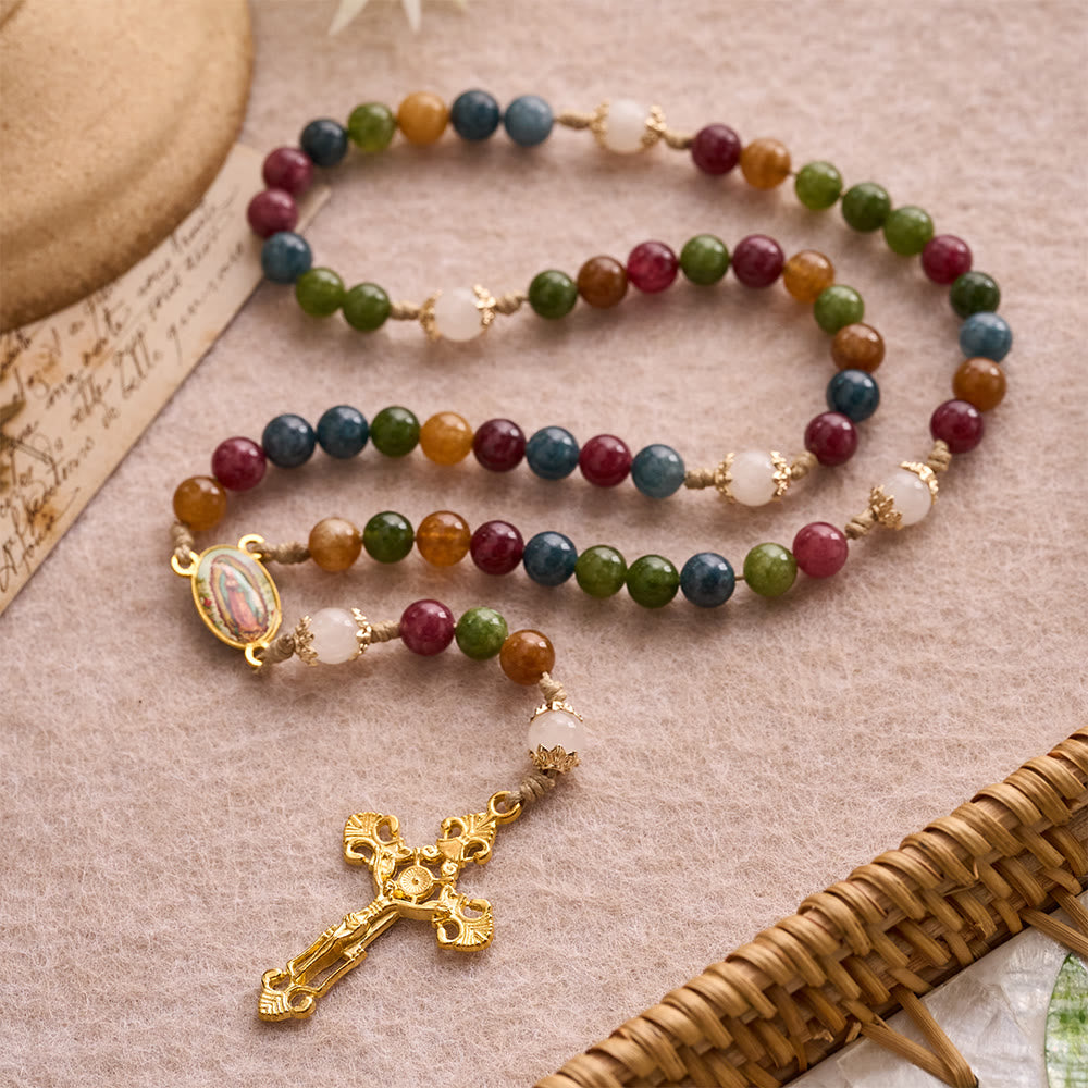 Colorful Tourmaline Beads Rosary with Square Divine Mercy and Golden Crucifix