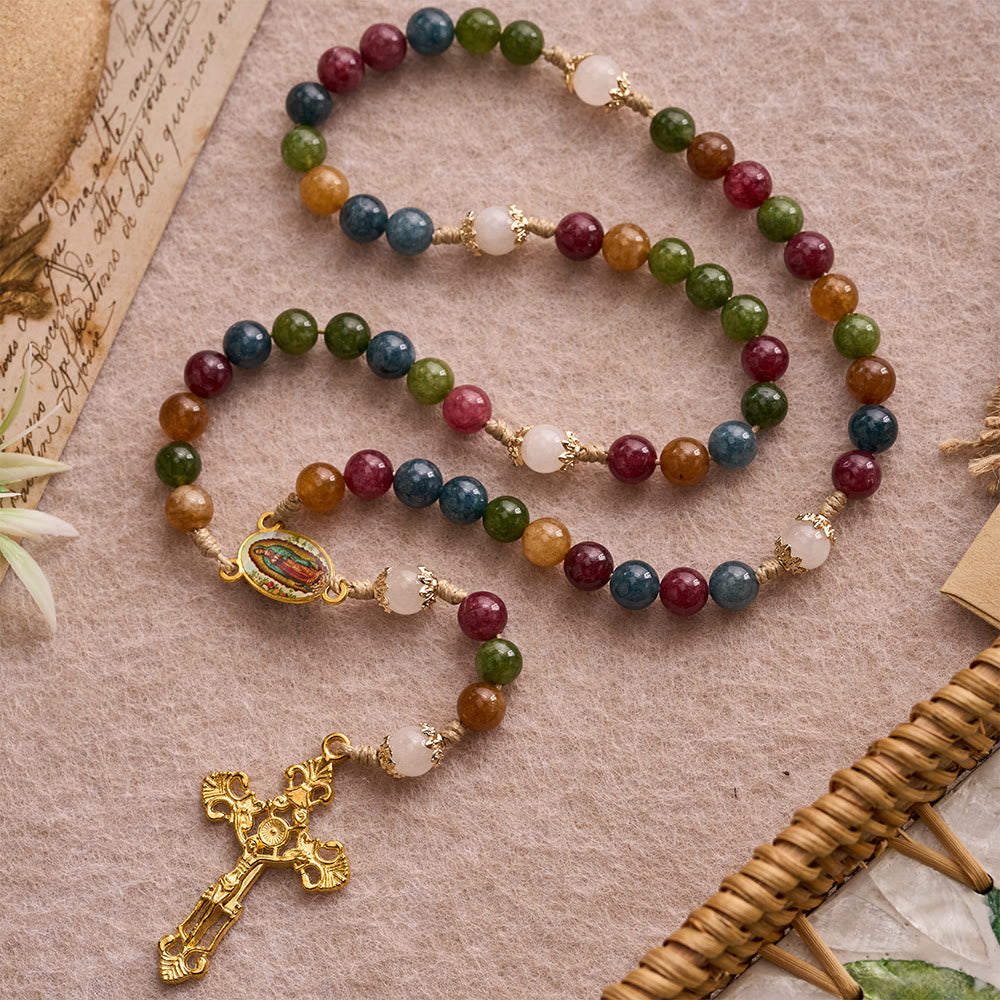 Colorful Tourmaline Beads Rosary with Square Divine Mercy and Golden Crucifix