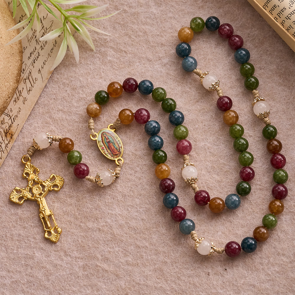 Colorful Tourmaline Beads Rosary with Square Divine Mercy and Golden Crucifix