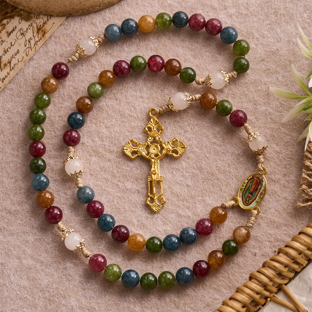 Colorful Tourmaline Beads Rosary with Square Divine Mercy and Golden Crucifix