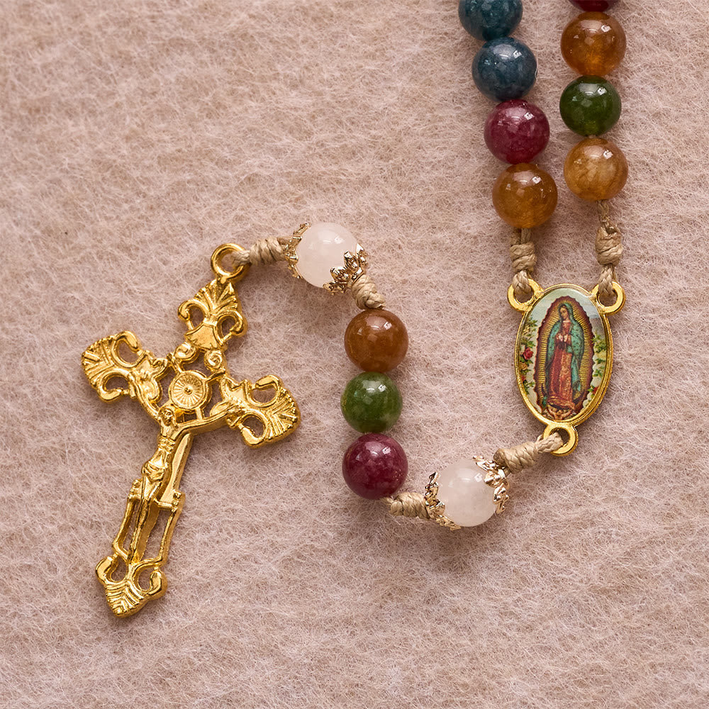 Colorful Tourmaline Beads Rosary with Square Divine Mercy and Golden Crucifix