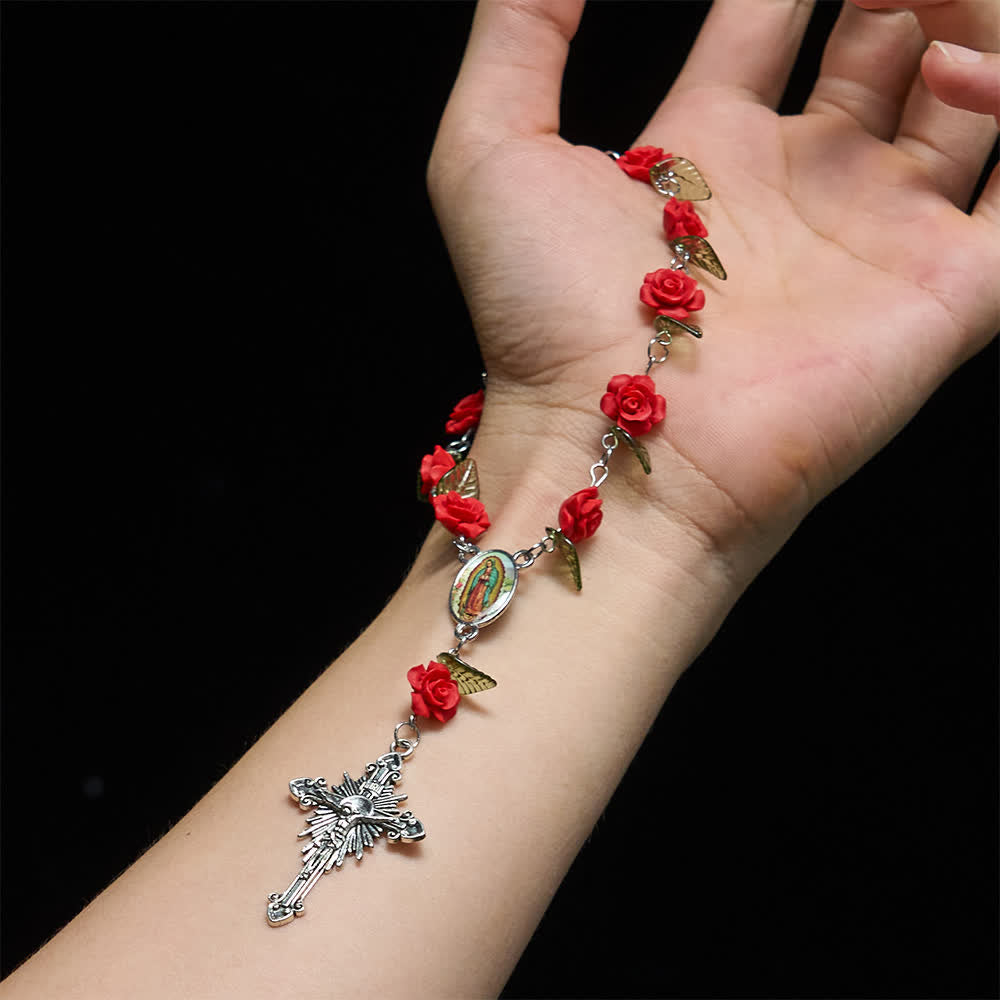 Sacred Red Rose Pocket Rosary with Our Lady's Floral Devotion