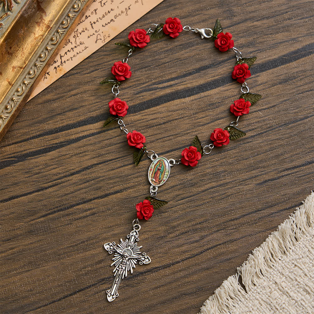 Sacred Red Rose Pocket Rosary with Our Lady's Floral Devotion