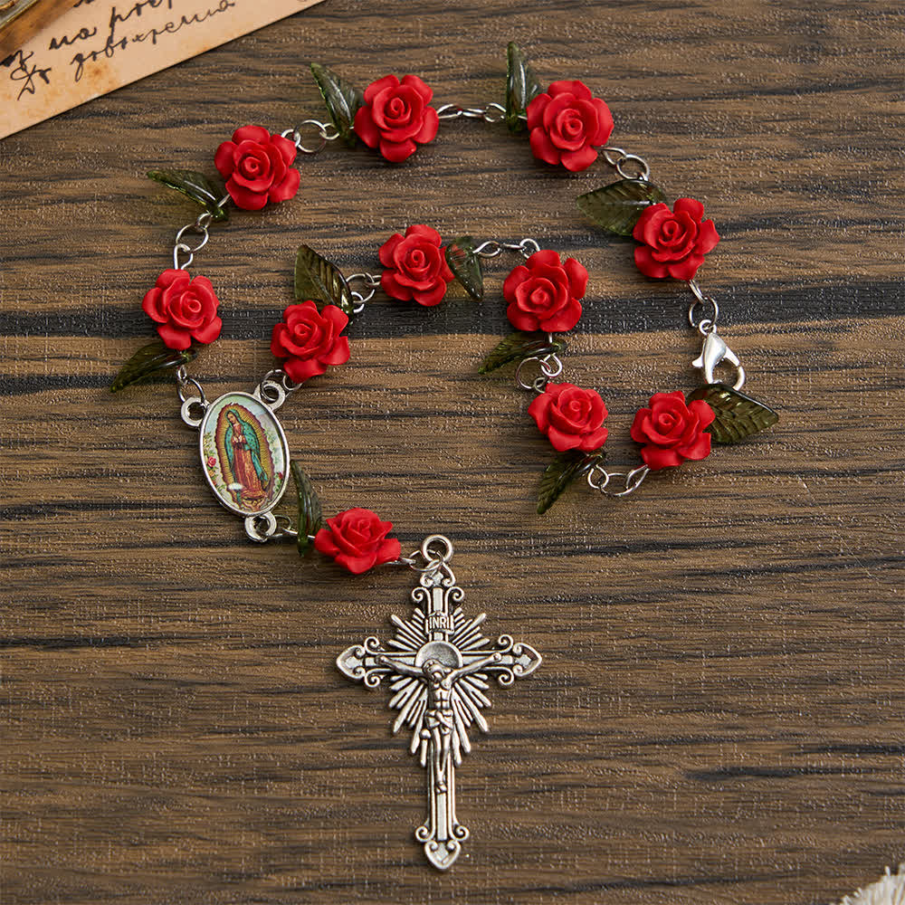 Sacred Red Rose Pocket Rosary with Our Lady's Floral Devotion