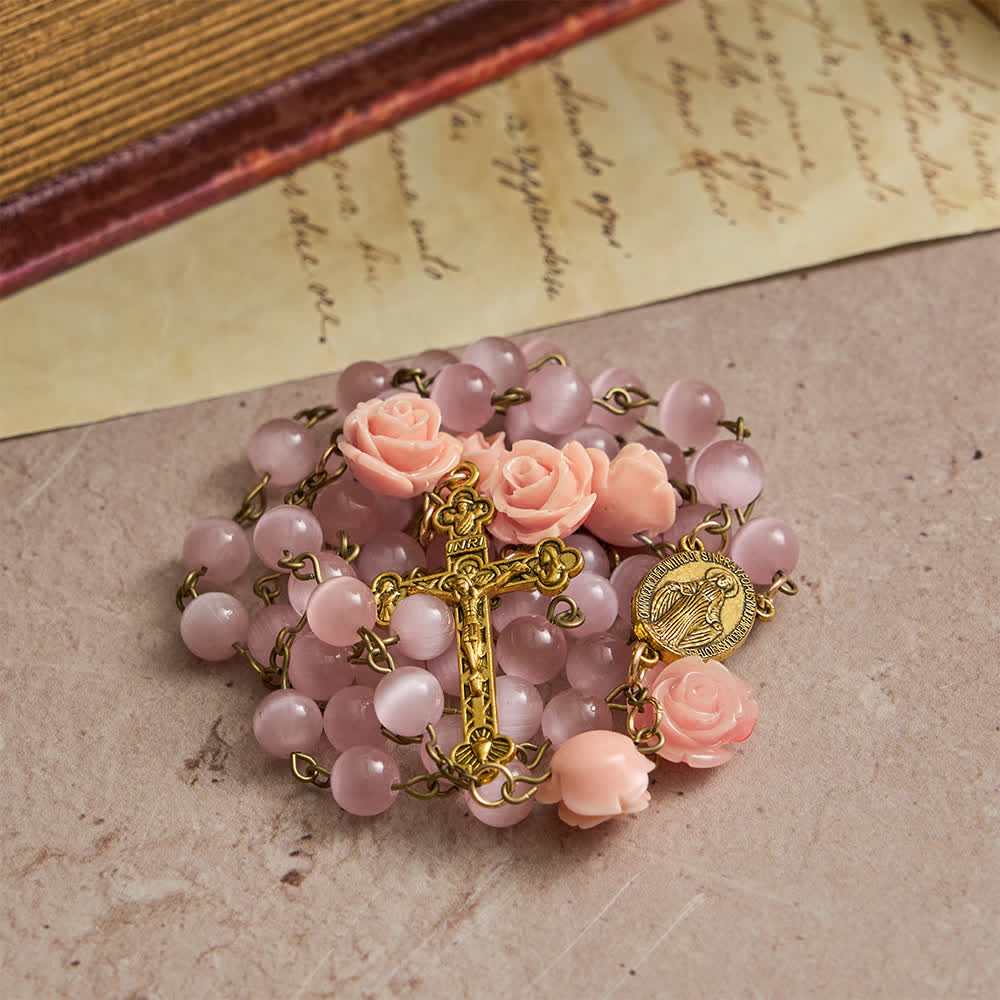 Luminous Pink Cat's Eye Rosary with Roses for Marian Devotion