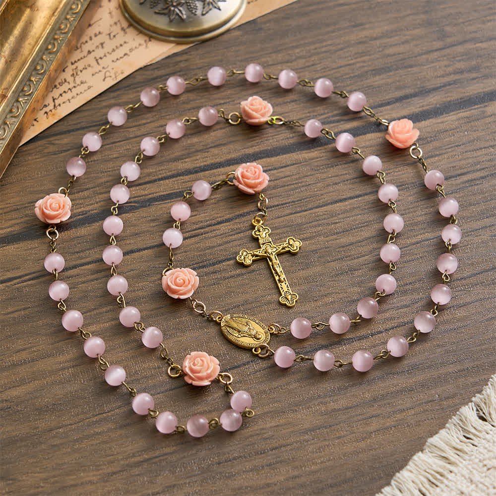 Luminous Pink Cat's Eye Rosary with Roses for Marian Devotion