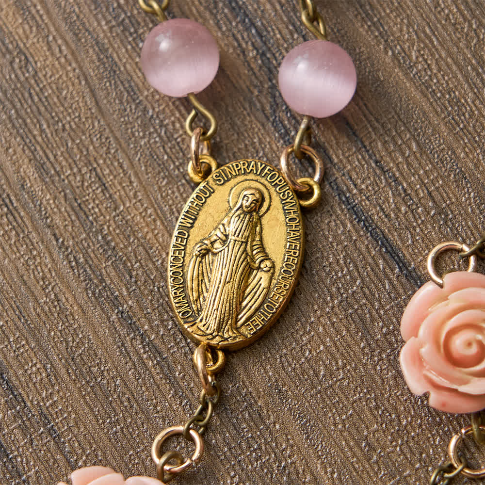Luminous Pink Cat's Eye Rosary with Roses for Marian Devotion