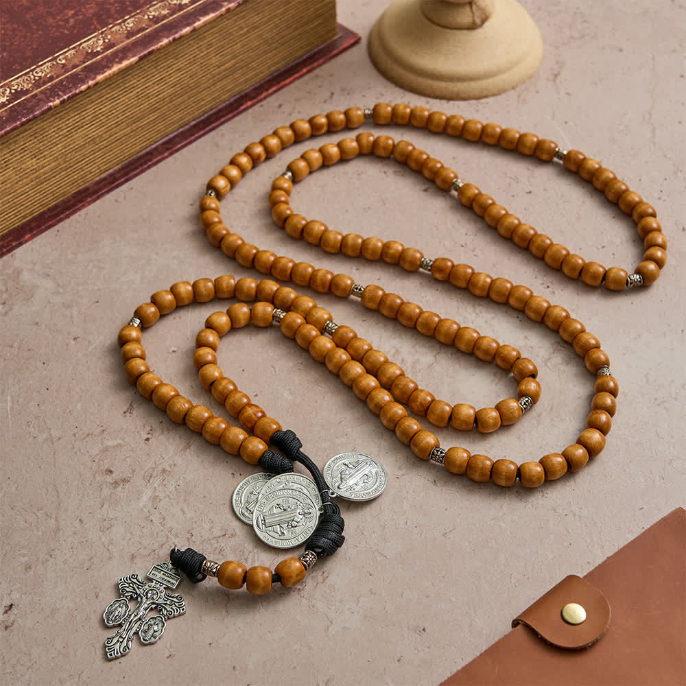 Traditional Rustic Wood 5/15/20 Decade Prayer Rosary with St. Benedict Medal & Crucifix