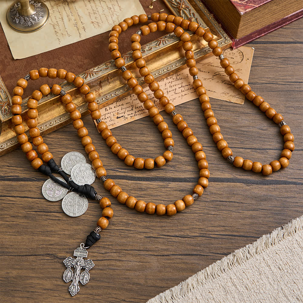 Traditional Rustic Wood 5/15/20 Decade Prayer Rosary with St. Benedict Medal & Crucifix