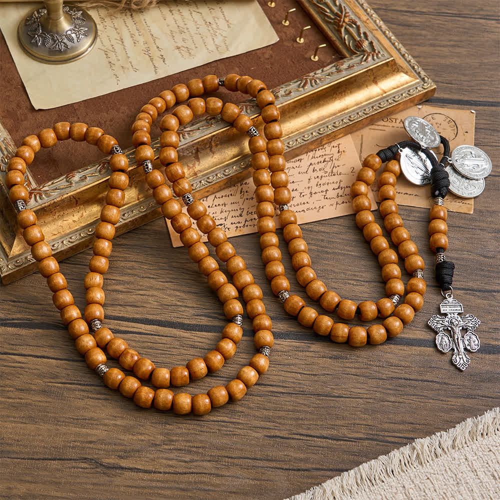 Traditional Rustic Wood 5/15/20 Decade Prayer Rosary with St. Benedict Medal & Crucifix