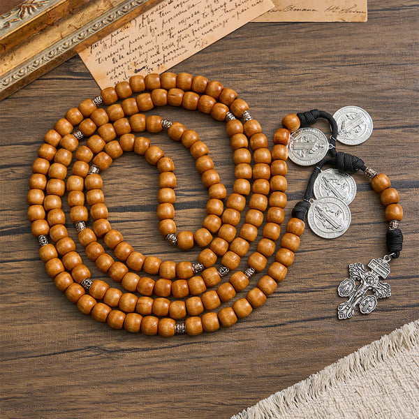 Traditional Rustic Wood 5/15/20 Decade Prayer Rosary with St. Benedict Medal & Crucifix