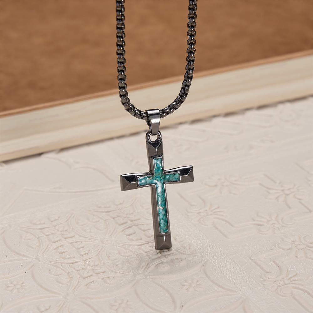 Polished Metal Cross Necklace with Turquoise Chip Inlay: A Reminder of Divine Grace