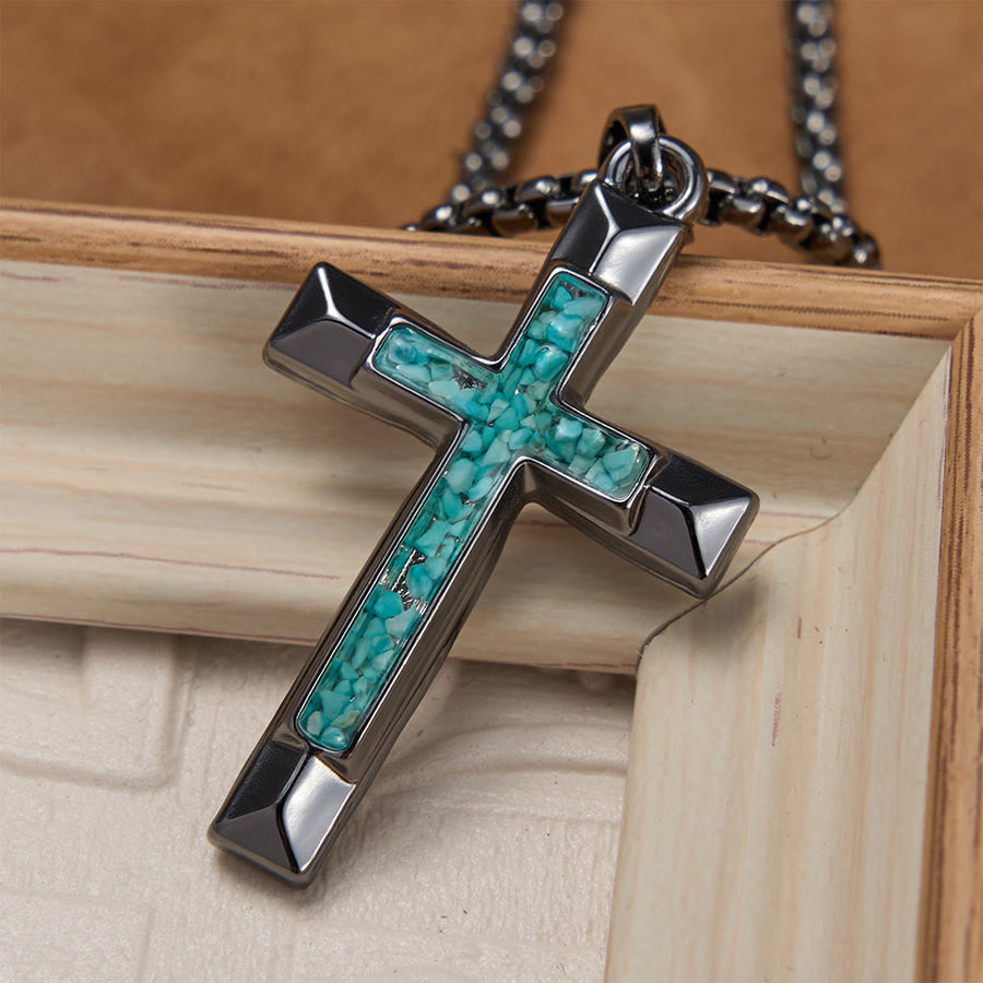 Polished Metal Cross Necklace with Turquoise Chip Inlay: A Reminder of Divine Grace