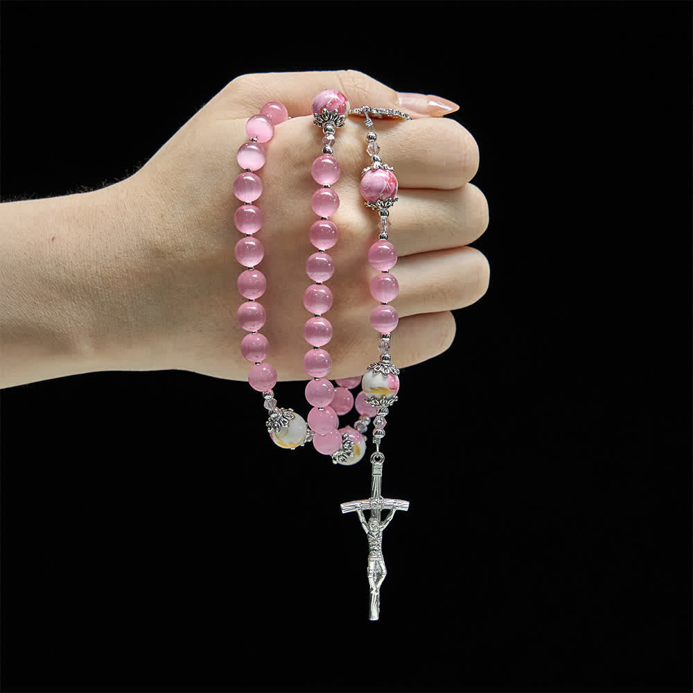 Elegant Pink Cat's Eye Rosary with Floral Marian Devotion