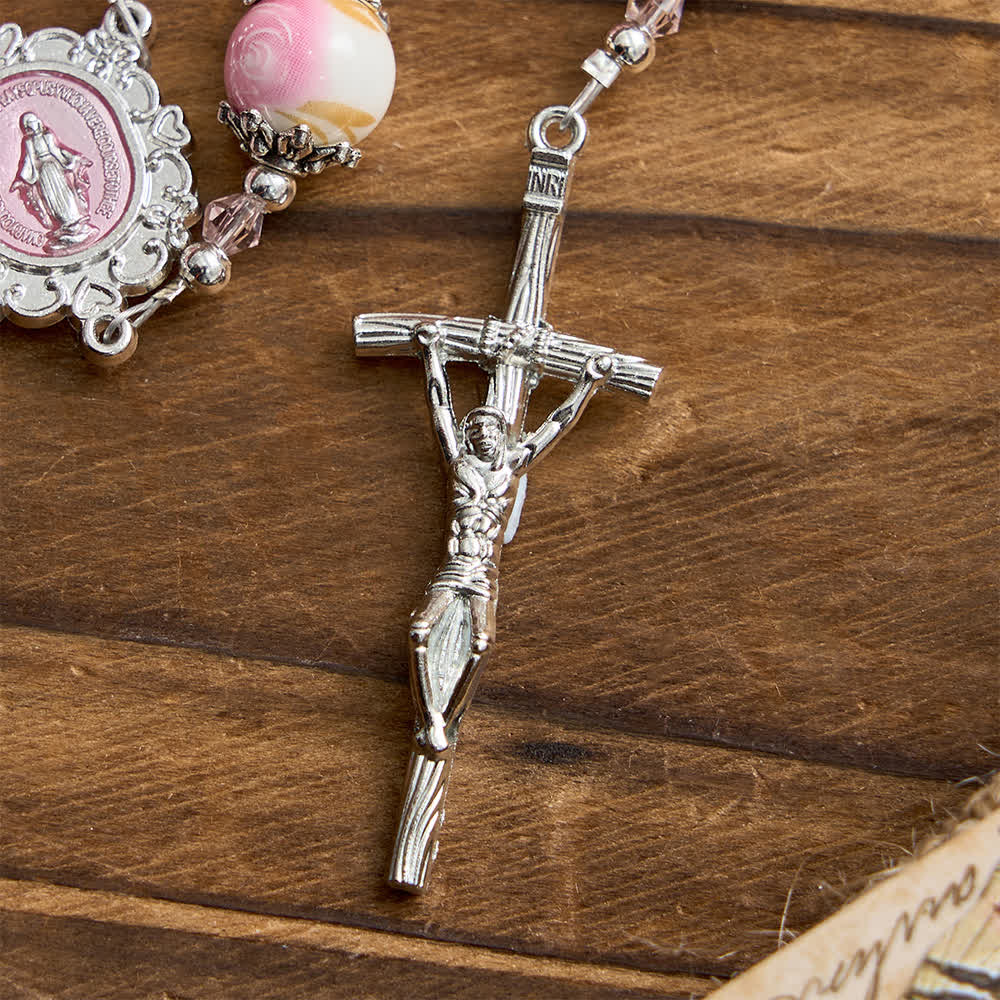 Elegant Pink Cat's Eye Rosary with Floral Marian Devotion