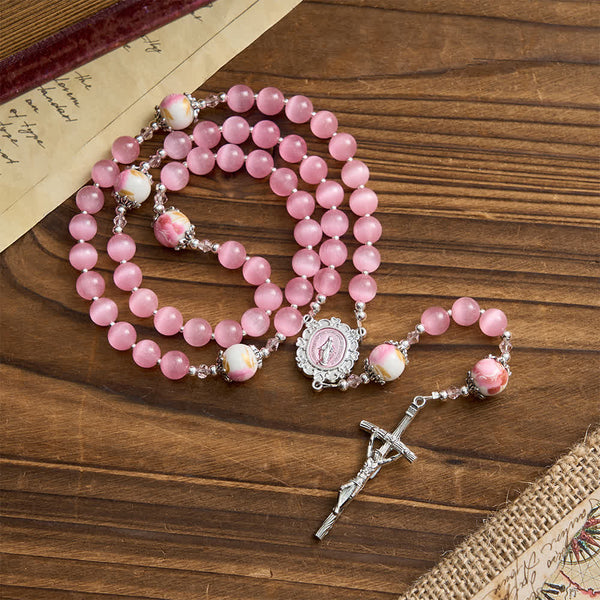 Elegant Pink Cat's Eye Rosary with Floral Marian Devotion