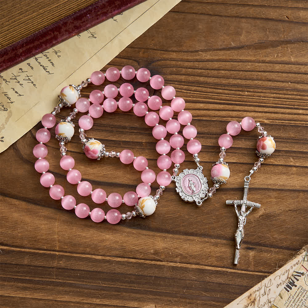 Elegant Pink Cat's Eye Rosary with Floral Marian Devotion