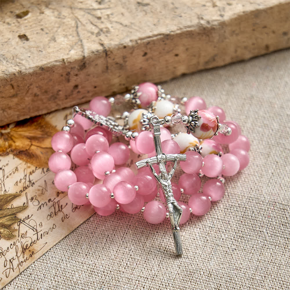Elegant Pink Cat's Eye Rosary with Floral Marian Devotion