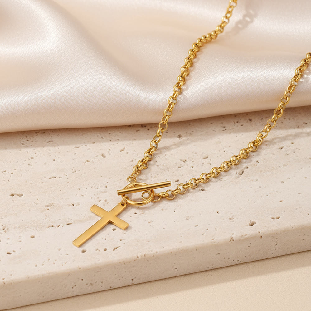 Sleek Cross Necklace with Toggle Clasp and Rolo Chain: A Reminder of Divine Grace