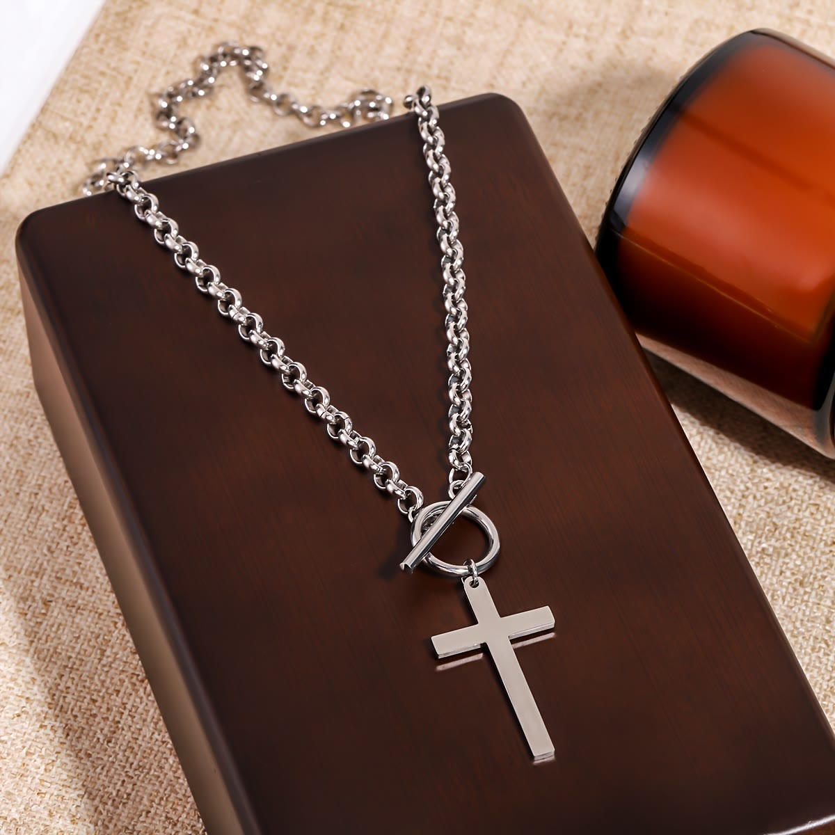 Sleek Cross Necklace with Toggle Clasp and Rolo Chain: A Reminder of Divine Grace