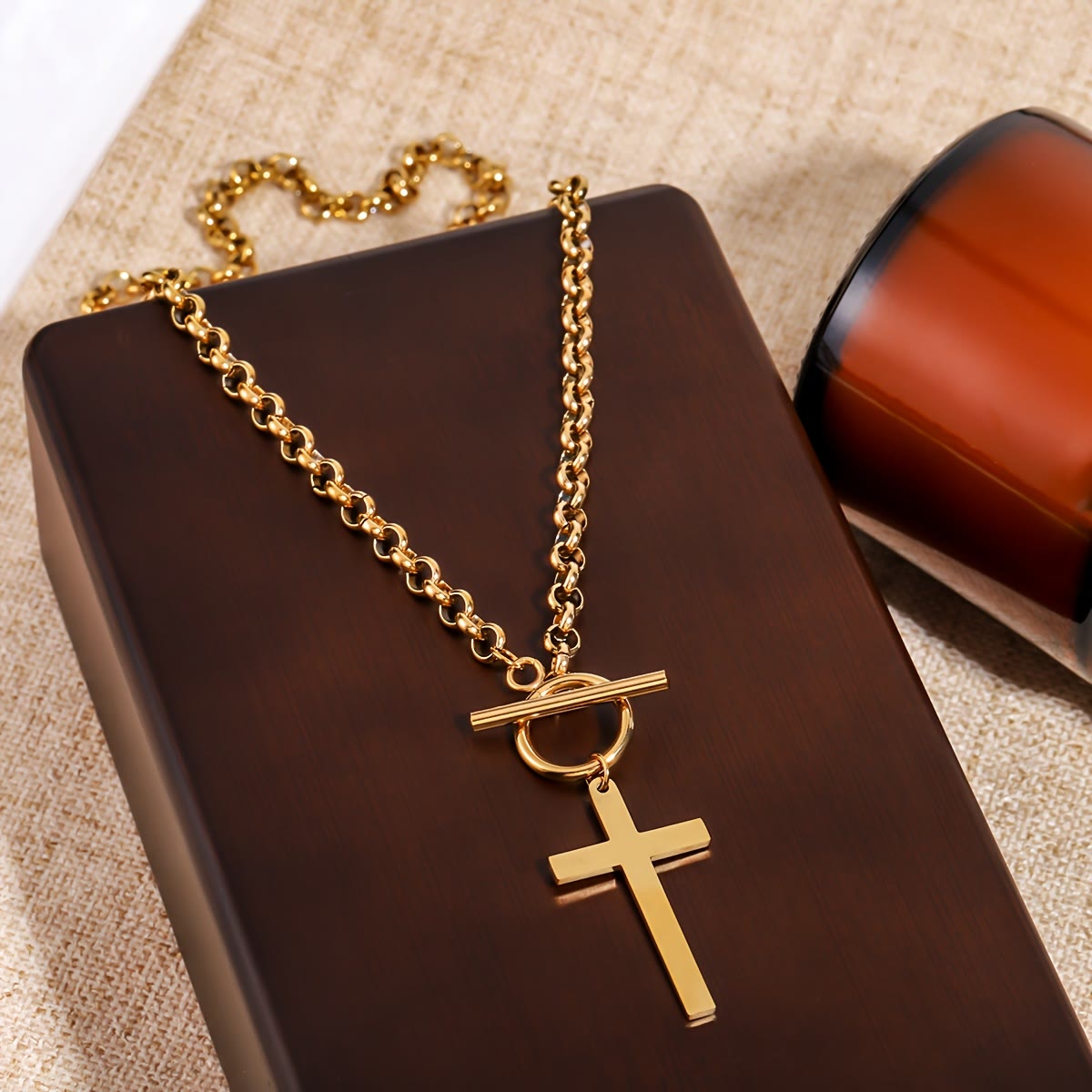 Sleek Cross Necklace with Toggle Clasp and Rolo Chain: A Reminder of Divine Grace