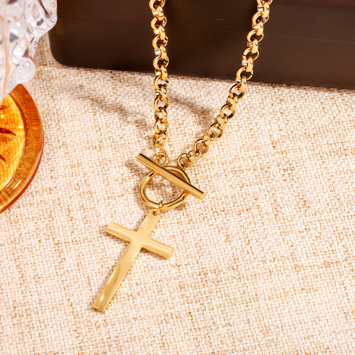 Sleek Cross Necklace with Toggle Clasp and Rolo Chain: A Reminder of Divine Grace