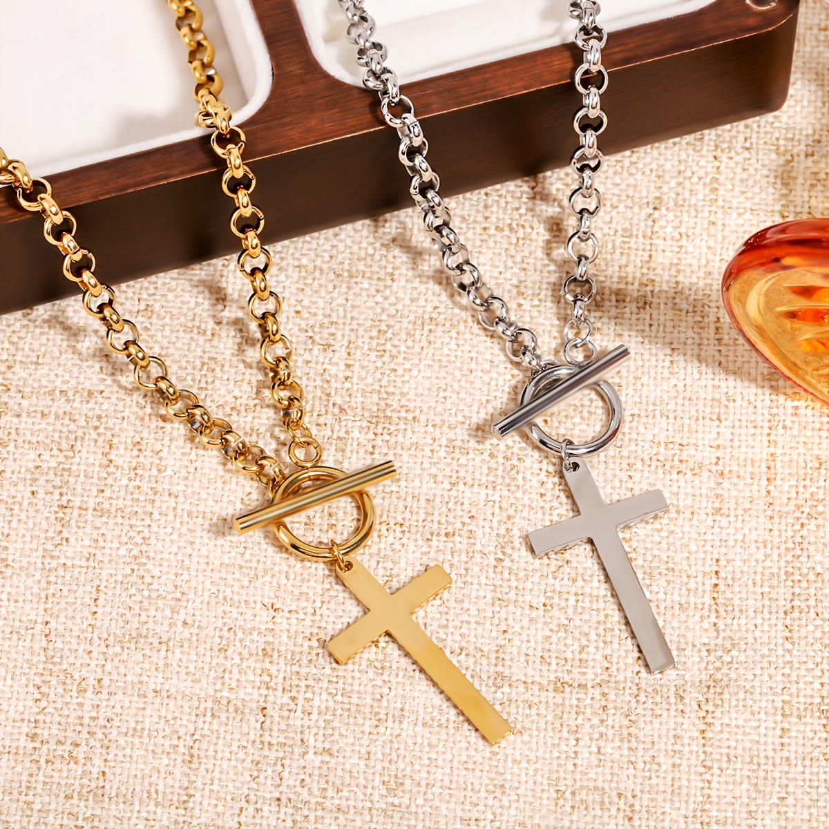 Sleek Cross Necklace with Toggle Clasp and Rolo Chain: A Reminder of Divine Grace