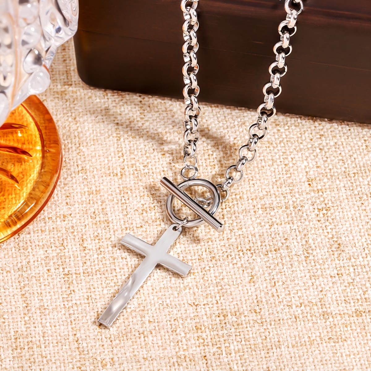 Sleek Cross Necklace with Toggle Clasp and Rolo Chain: A Reminder of Divine Grace