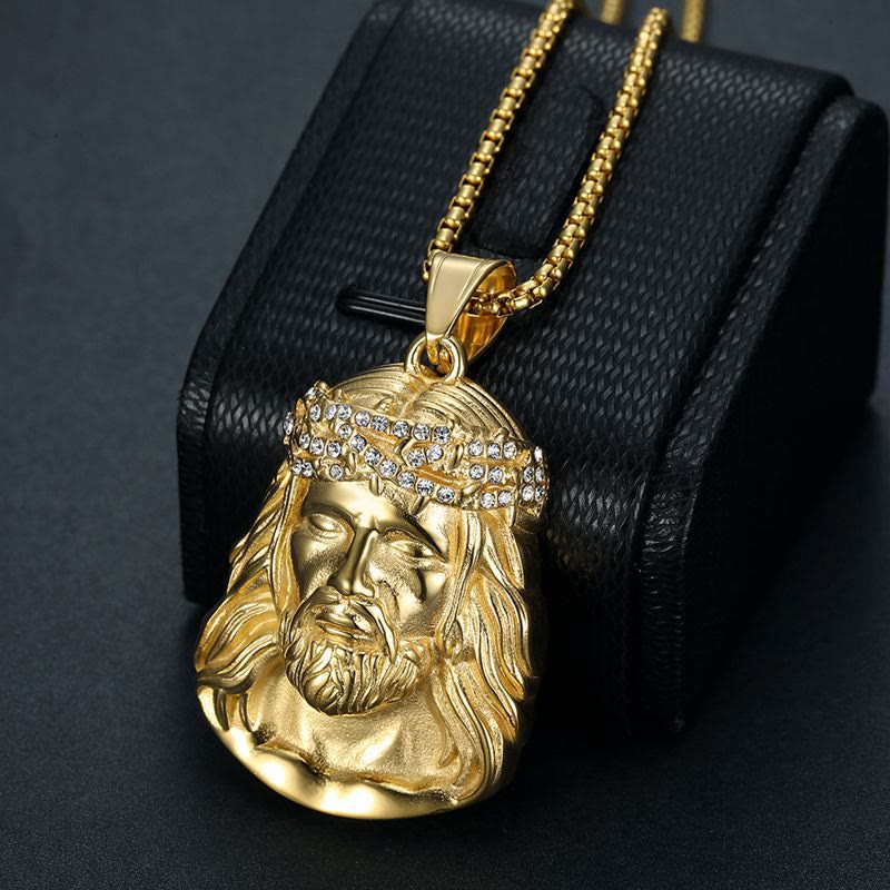 Jesus Head Pendant Necklace with Crown of Thorns and Zircon Accents: A Symbol of Sacrifice and Grace