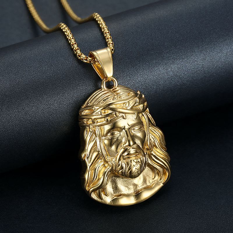 Jesus Head Pendant Necklace with Crown of Thorns and Zircon Accents: A Symbol of Sacrifice and Grace